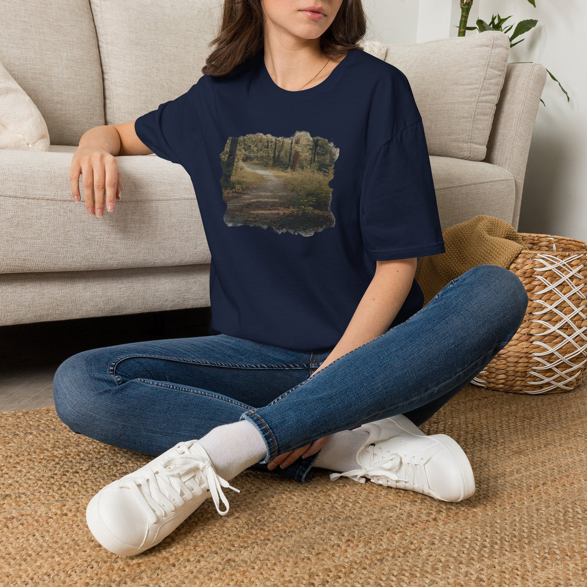 Vintage forest landscape T-shirt by Printify featuring a nature pathway scene on a comfortable cotton tee.
