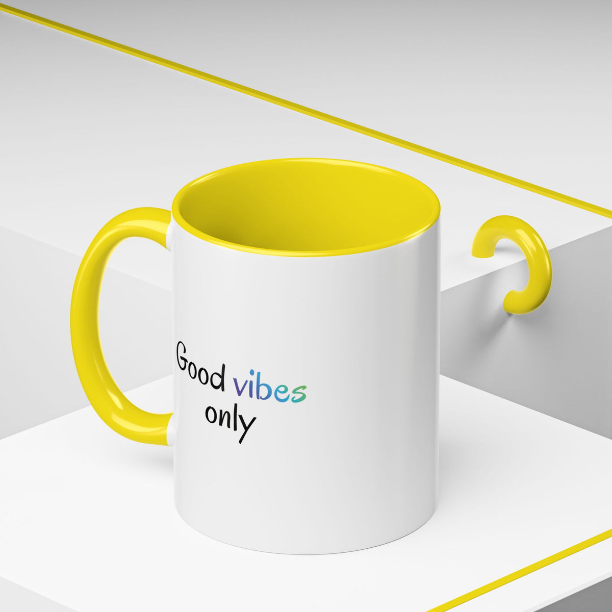 Printify Good Vibes Only coffee mug with positive morning quote, ceramic tea cup featuring a bright, motivational design.