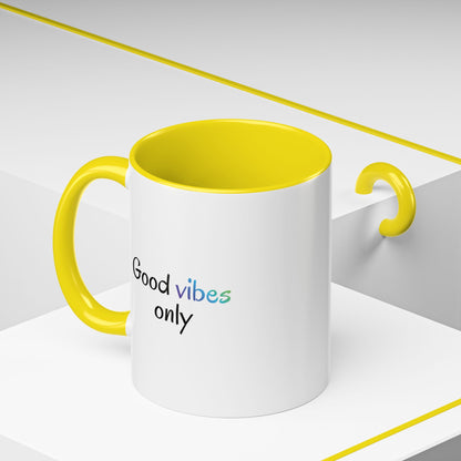 Printify Good Vibes Only coffee mug with positive morning quote, ceramic tea cup featuring a bright, motivational design.