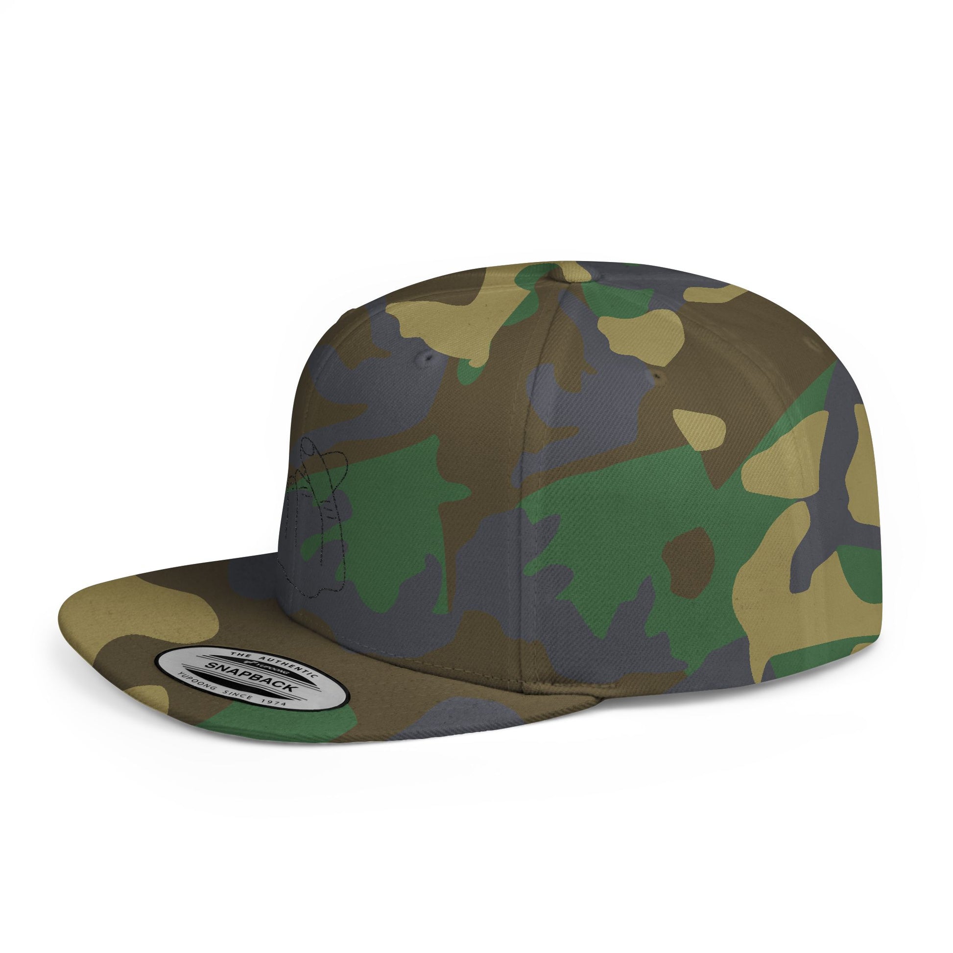 Minimalist hand gesture flat bill snapback hat by Printify, shown in black with a simple front design.