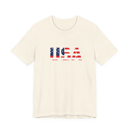 USA flag patriotic T-shirt by Printify featuring bold flag design, perfect for Fourth of July celebrations and patriotic events.