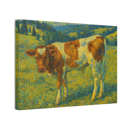 Rustic cow in meadow canvas print, farmhouse wall art by Printify showcasing a detailed rural scene on canvas.
