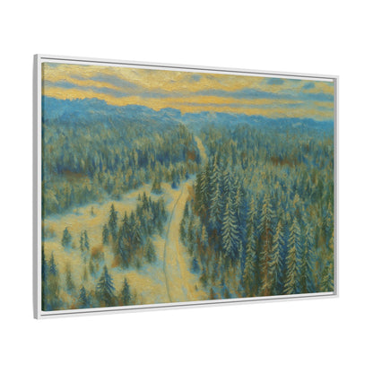 Framed matte canvas print of a serene winter forest landscape by Printify, showcasing peaceful trees and snow-covered scenery.