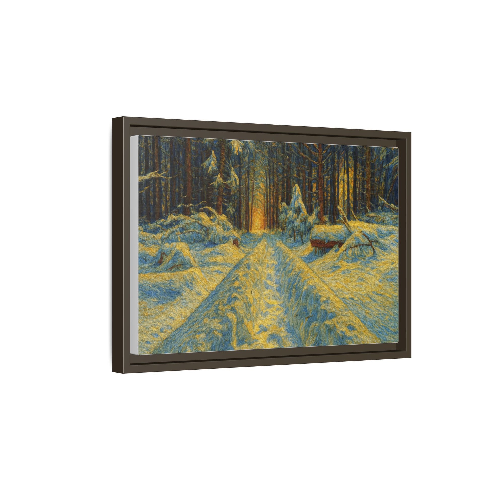 Framed matte canvas print of a snowy forest path at sunset, wall art by Printify featuring winter landscape scenery.