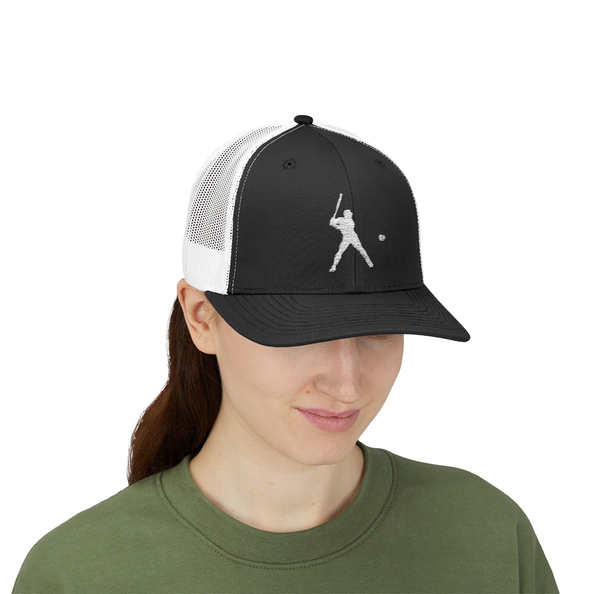 Vintage batter silhouette baseball snapback trucker cap by Printify featuring classic baseball design and structured mesh back.
