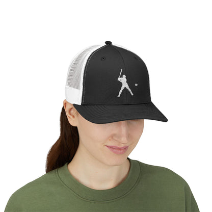 Vintage batter silhouette baseball snapback trucker cap by Printify featuring classic baseball design and structured mesh back.