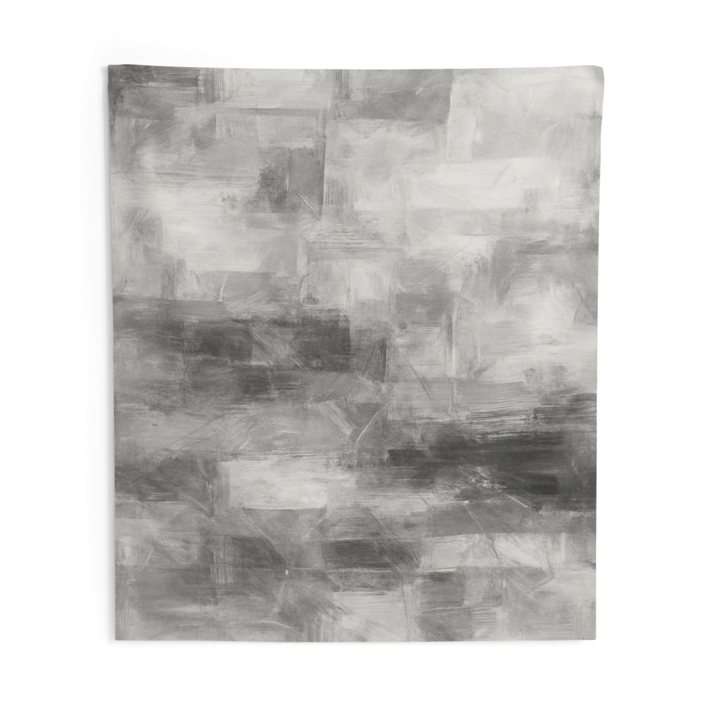 Black and white minimalist wall tapestry hanging for bedroom or living room decor, featuring modern geometric design.