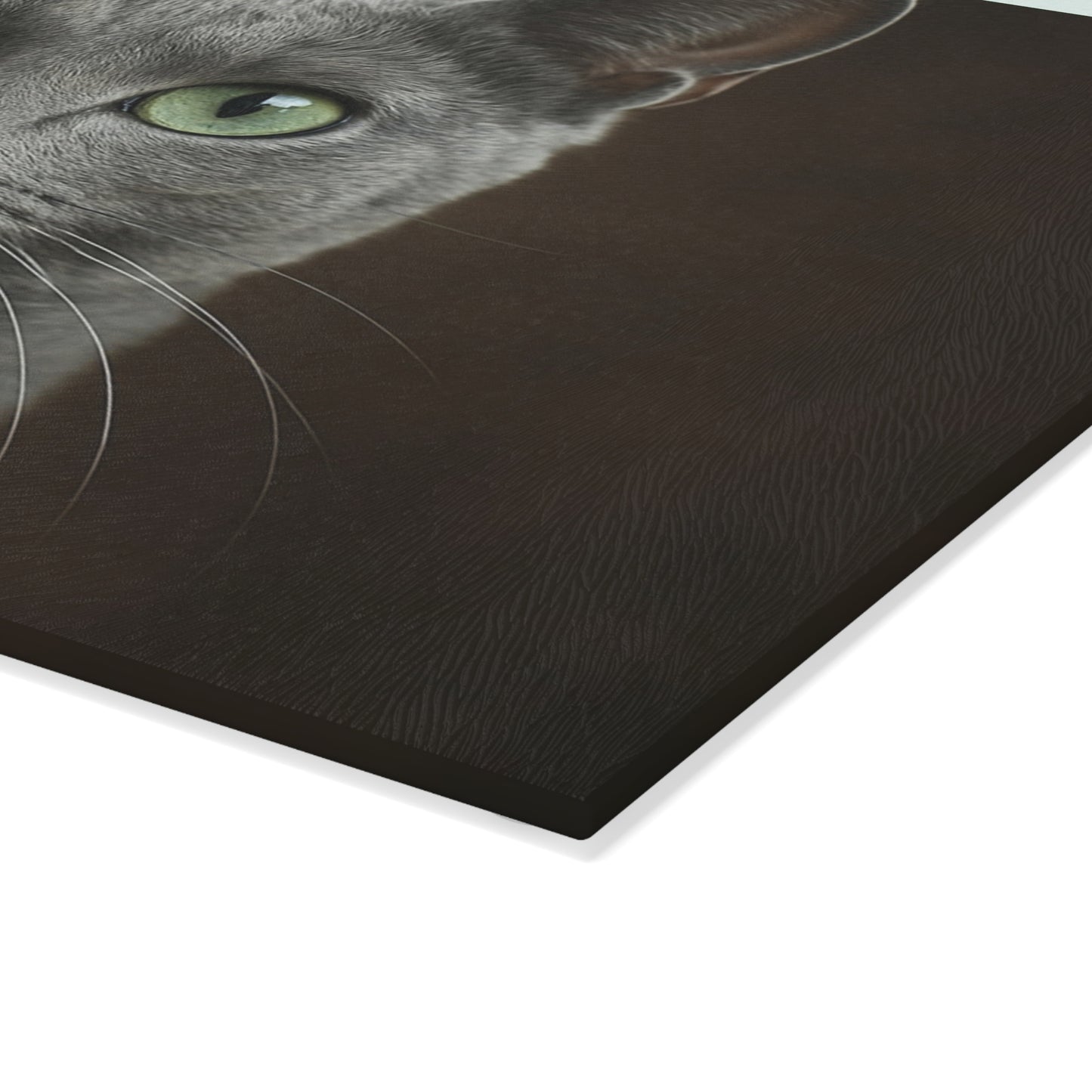 Russian Blue Cat Glass Cutting Board — Decorative Kitchen Cutting Board with Green-Eyed Cat Portrait