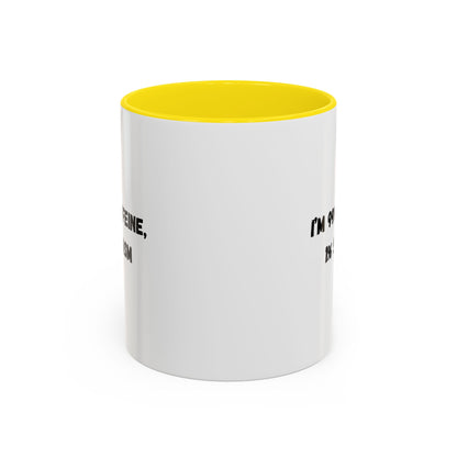 Ceramic coffee mug with "I'm 99% Caffeine, 1% Sarcasm" print, featuring a humorous design on a white accent mug.