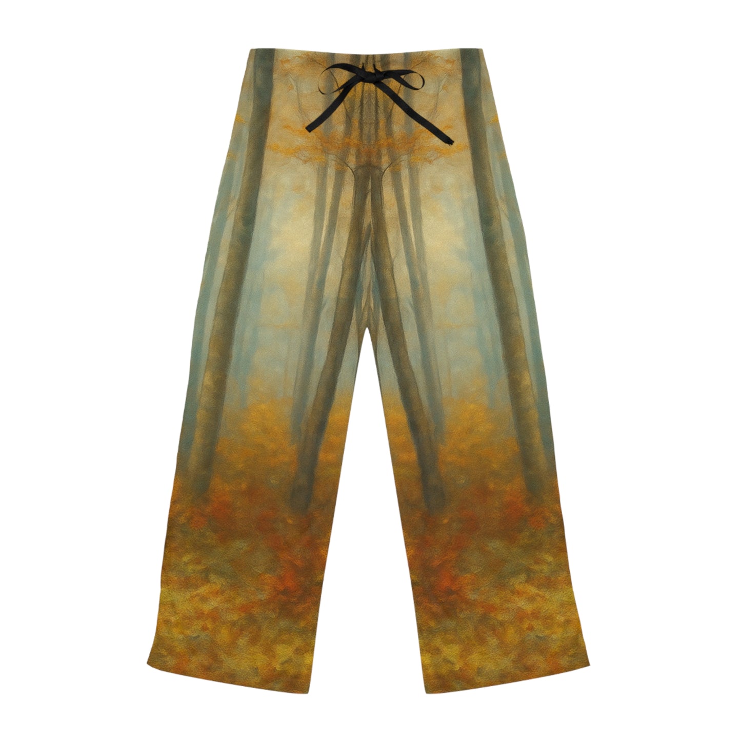 All-over print Autumn Forest women's pajama pants by Printify featuring cozy fall woodland scene for comfortable lounge sleepwear.