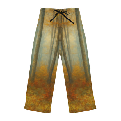 All-over print Autumn Forest women's pajama pants by Printify featuring cozy fall woodland scene for comfortable lounge sleepwear.