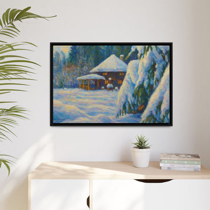 Framed matte canvas wall art of a snowy cabin winter landscape, showcasing a cozy cabin surrounded by snow-covered trees.