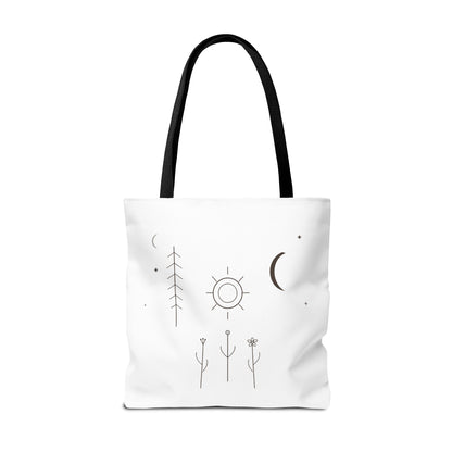 Minimal moon and sun botanical tote bag with celestial line art design, made by Printify, featuring natural plant-inspired illustrations.