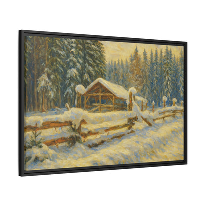Snowy cabin winter landscape canvas wall art by Printify, featuring a rustic cabin scene with snow-covered trees and a peaceful winter setting.