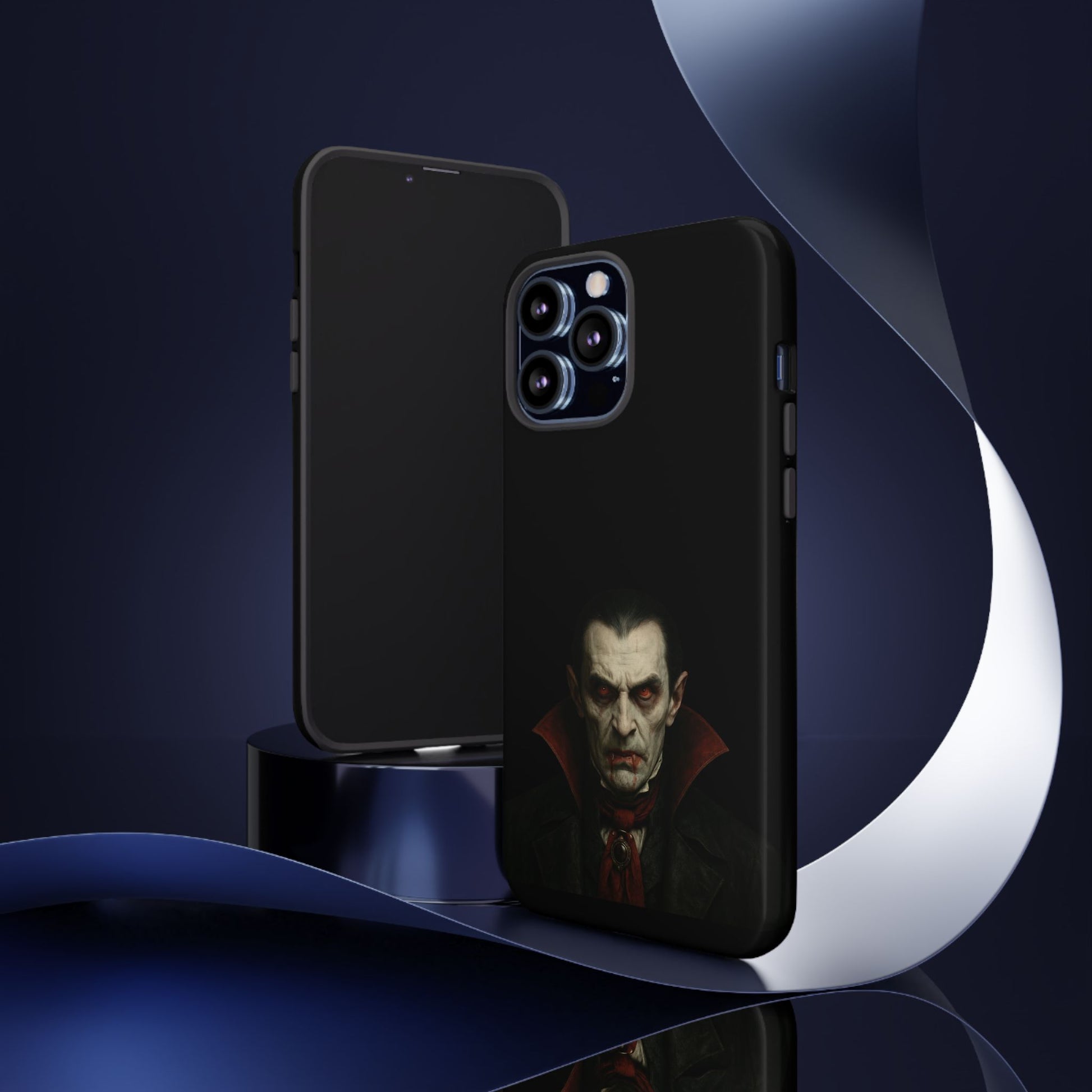 Gothic vampire portrait phone case for iPhone, featuring Dracula horror artwork on a stylish Printify cover.