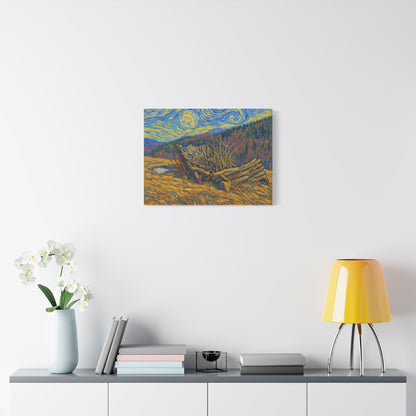 Impressionist Starry Landscape canvas print by Printify featuring a vibrant night sky with stars and a scenic landscape.