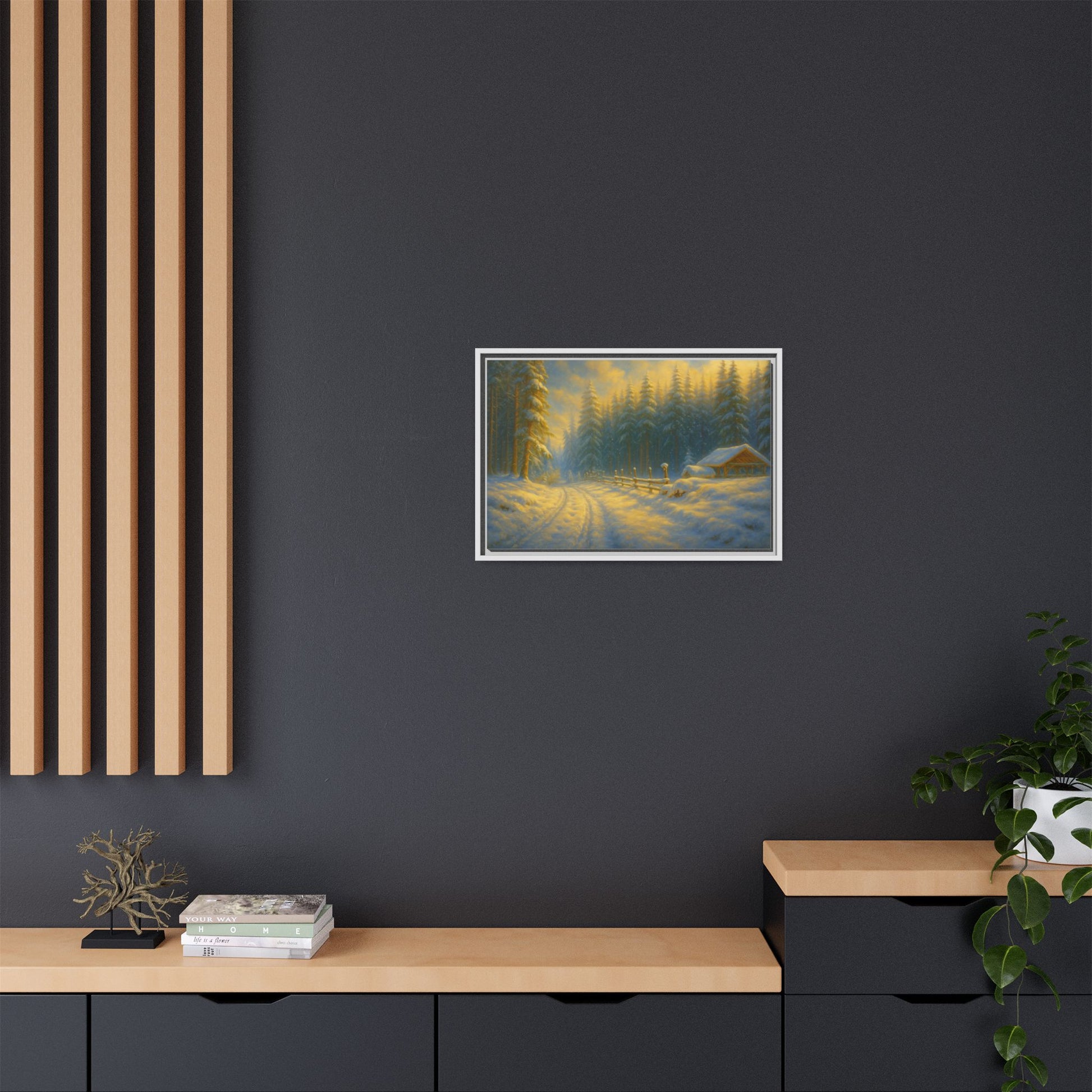 Framed winter cabin canvas print featuring a snowy forest sunset, wall art by Printify showcasing a cozy winter scene.