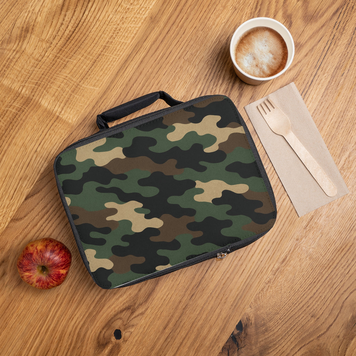 Camo insulated lunch bag by Printify with a camouflage pattern, designed for school, work, and travel.