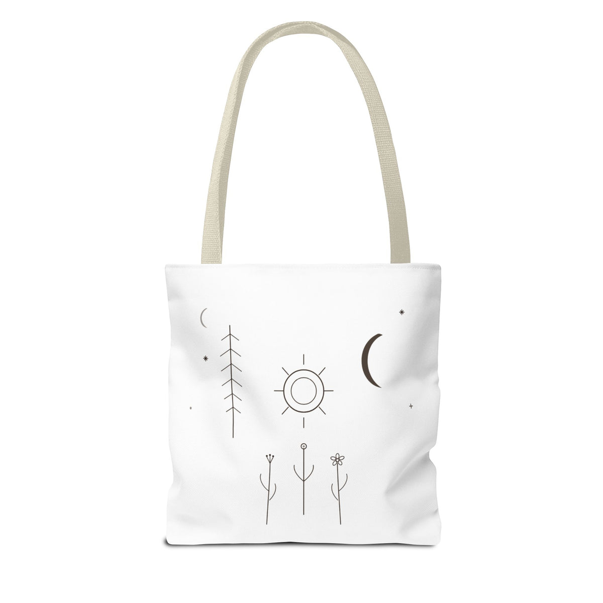 Minimal moon and sun celestial tote bag with line art design, durable fabric, and spacious interior for everyday use.