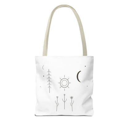 Minimal moon and sun celestial tote bag with line art design, durable fabric, and spacious interior for everyday use.
