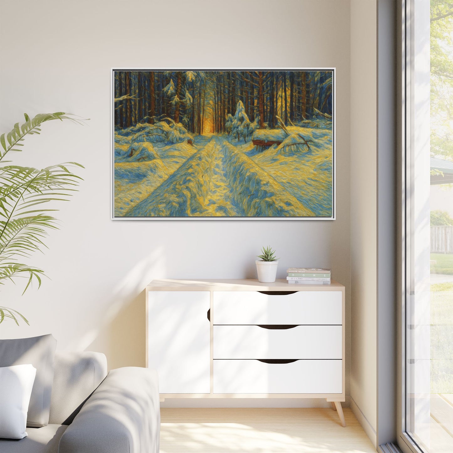 Framed matte canvas print of a snowy forest path at sunset, wall art by Printify featuring winter landscape scenery.