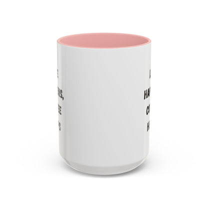 Black ceramic mug with "Life Happens Coffee Helps" text, 11/15oz capacity, with black handle and rim, by Printify.