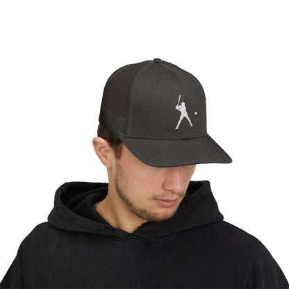 Vintage baseball snapback trucker cap featuring a batter silhouette design, made by Printify, with adjustable brim and mesh back.
