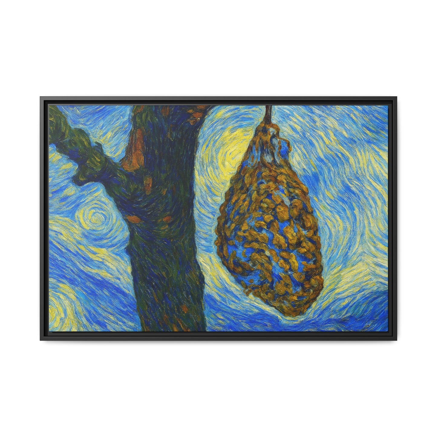 Framed matte canvas art of a starry nut cluster with dried plum in tree, printed by Printify, showcasing detailed nature scene.