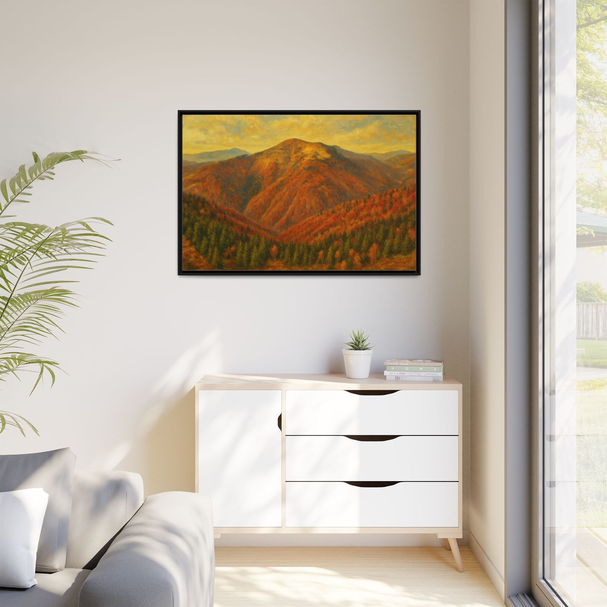 Autumn mountain matte canvas framed wall art by Printify, featuring a scenic mountain landscape in warm autumn colors.