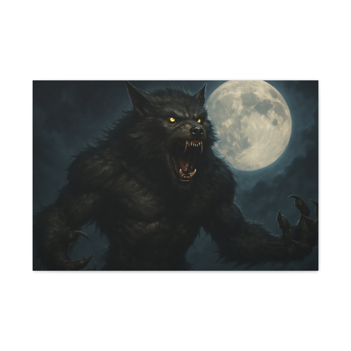 Spooky full moon werewolf moon matte canvas print wall art featuring a haunting werewolf silhouette against a night sky.