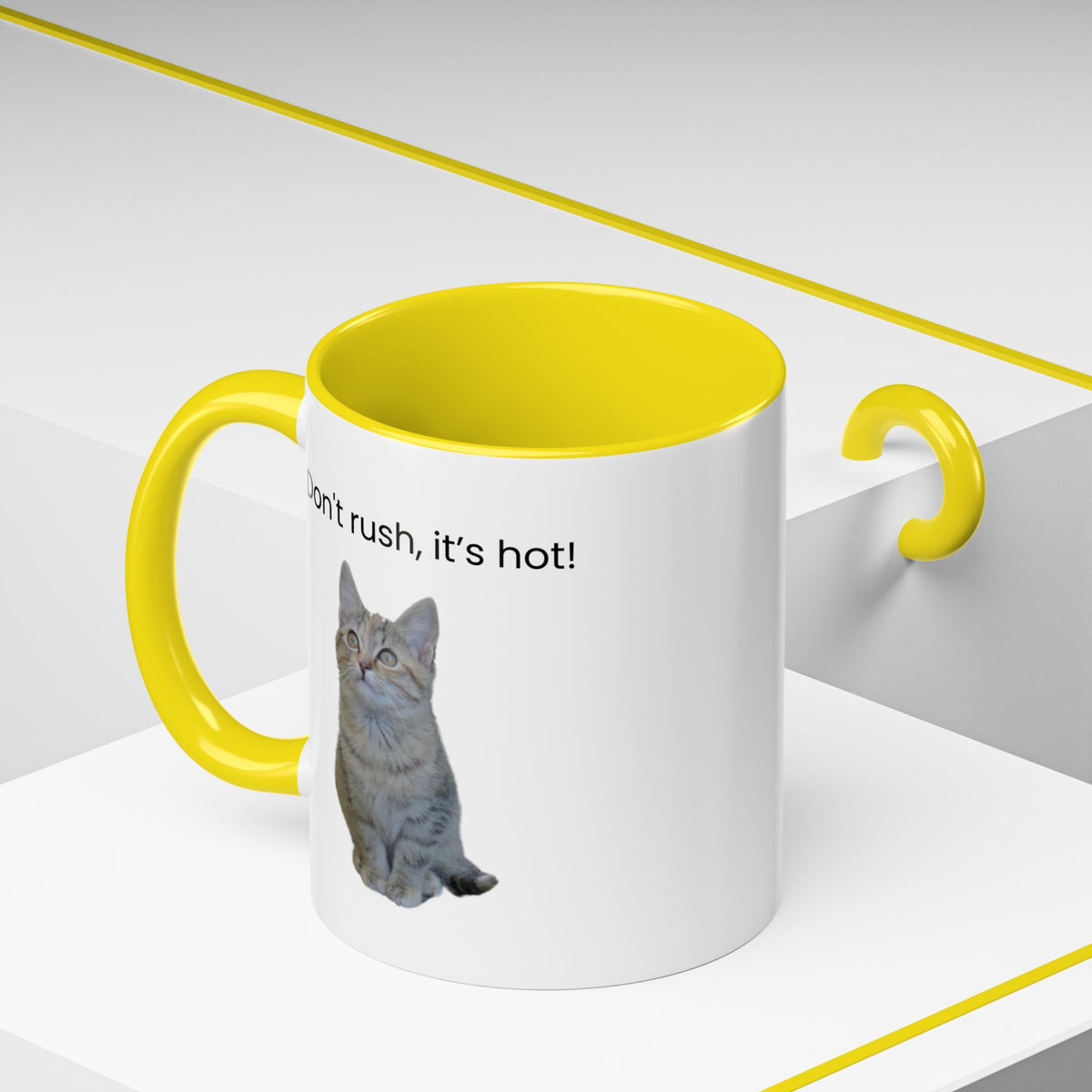 Ceramic cat coffee mug with "Don't rush, it's hot!" message, 11 oz, white accent mug for coffee or tea.
