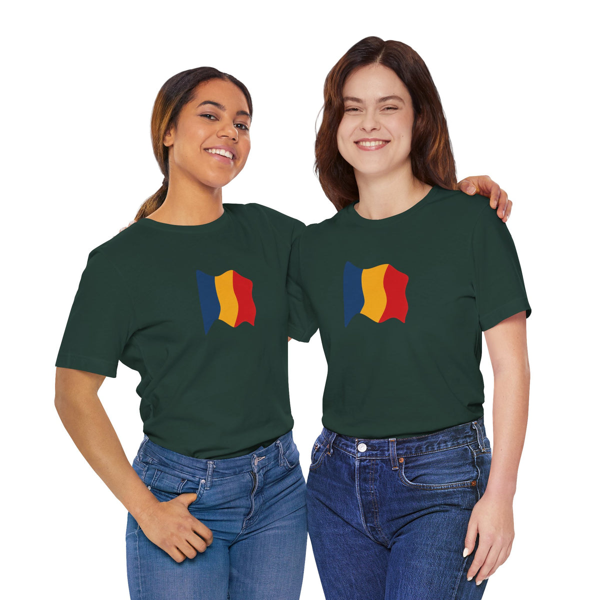 Romania flag T-shirt by Printify featuring a minimal waving tricolor design on a comfortable casual tee.