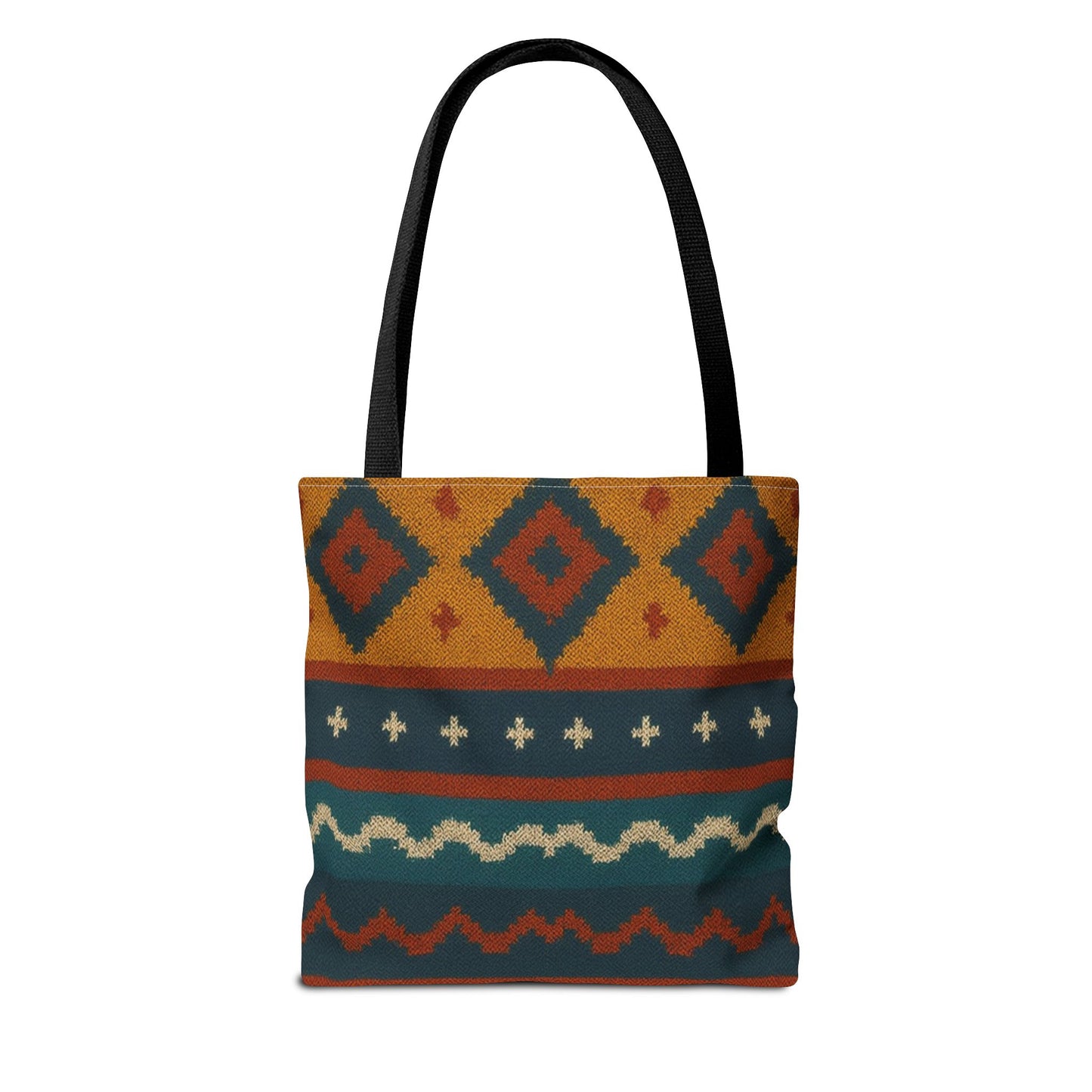 Southwestern diamond pattern tote bag with Aztec tribal geometric print, featuring sturdy handles and vibrant design.
