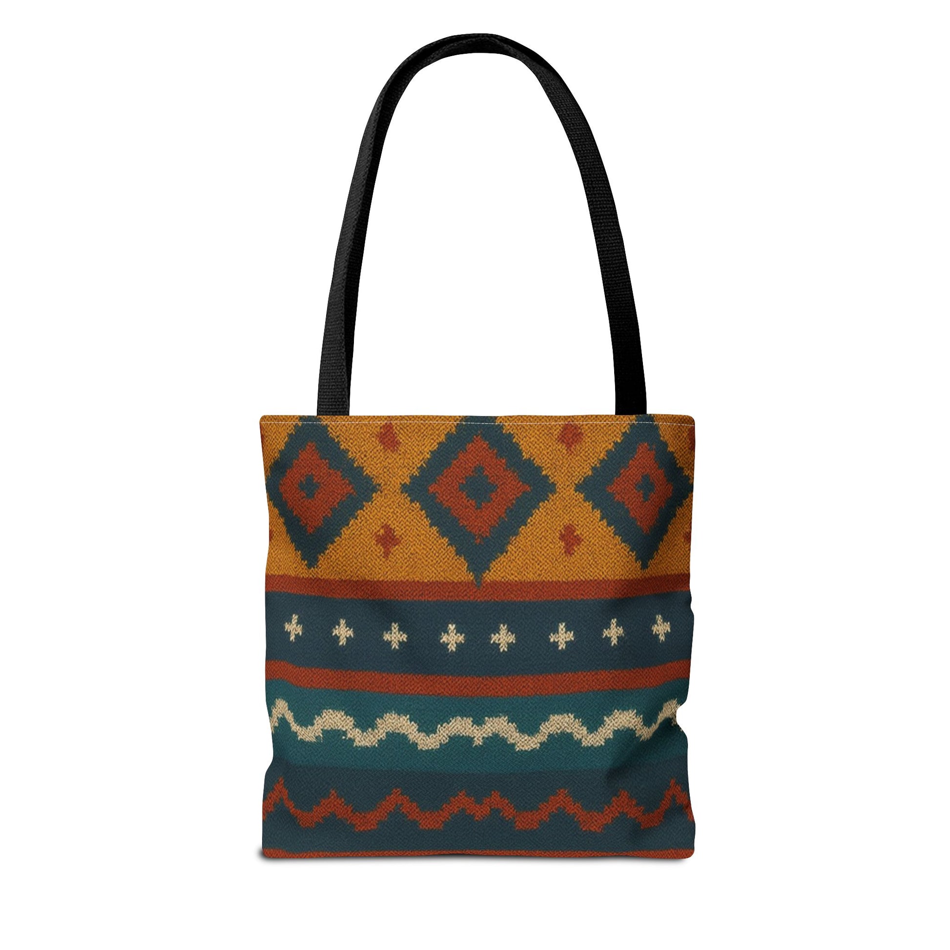 Southwestern diamond pattern tote bag with Aztec tribal geometric print, featuring sturdy handles and vibrant design.