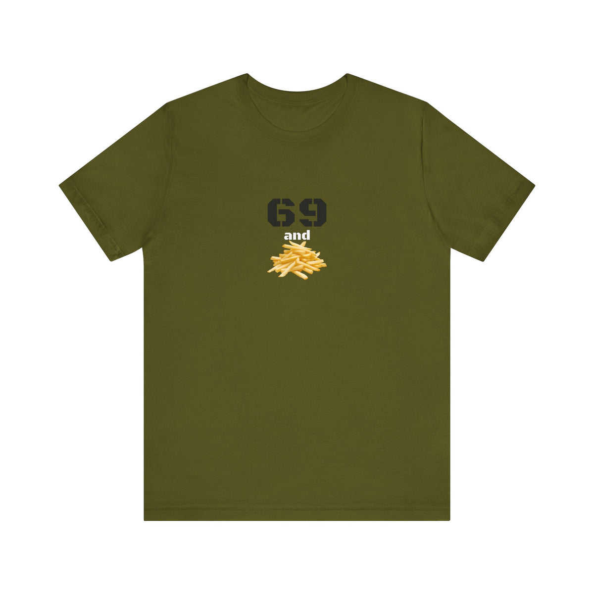 Unisex graphic T-shirt featuring a humorous 69 and French fries design in vibrant colors, made by Printify.