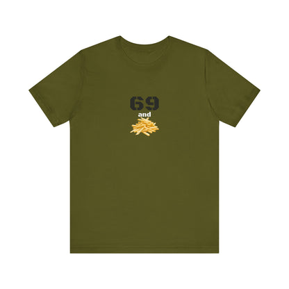 Unisex graphic T-shirt featuring a humorous 69 and French fries design in vibrant colors, made by Printify.