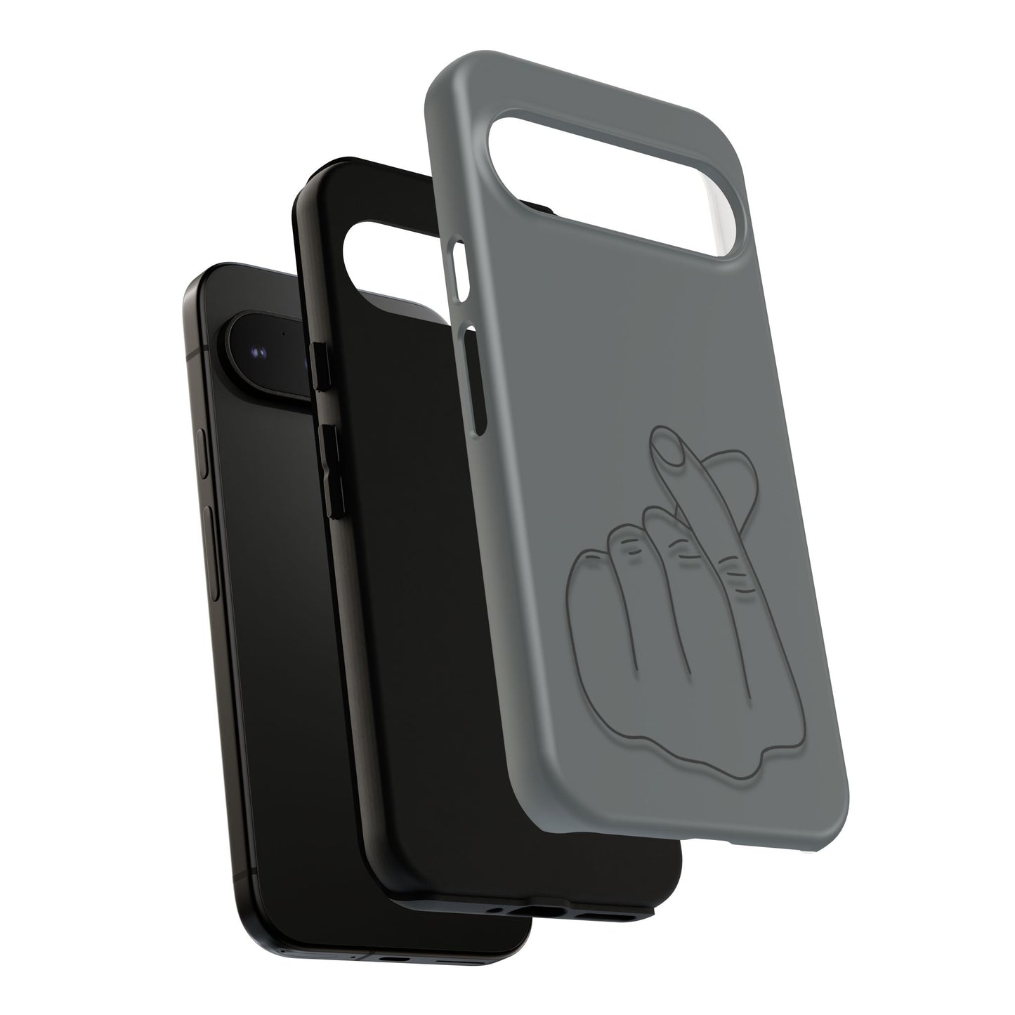 Silicone phone case with embossed Korean finger heart design, compatible with smartphones, by Printify.