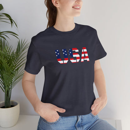 USA Flag Text Tee — Patriotic Fourth of July T-Shirt