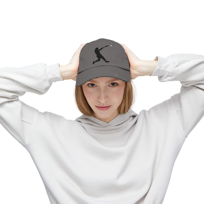 Distressed baseball cap with silhouette batter design, casual hats by Printify, featuring a worn look and sporty style.