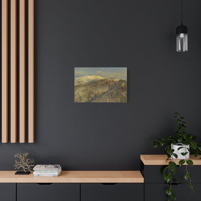 Winter mountain landscape matte canvas print by Printify, stretched 1.25 inches, featuring snowy peaks and scenic winter scenery.