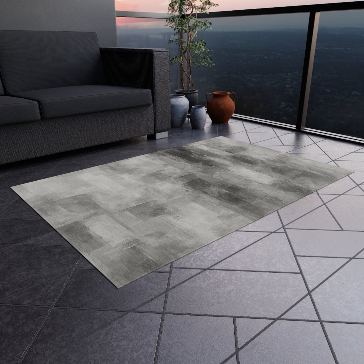 Gray outdoor waterproof rug for patio and deck, stylish modern mat by Printify, designed for outdoor use and easy to clean.