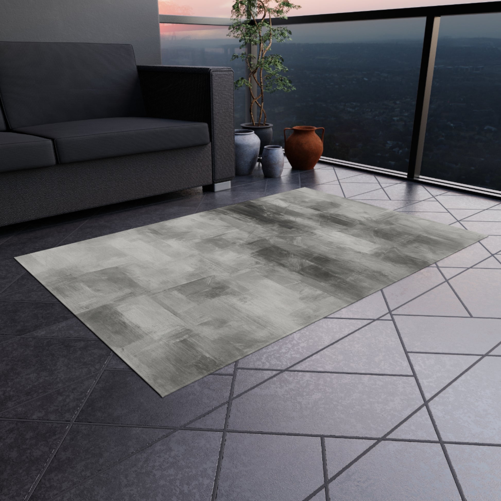 Gray outdoor waterproof rug for patio and deck, stylish modern mat by Printify, designed for outdoor use and easy to clean.