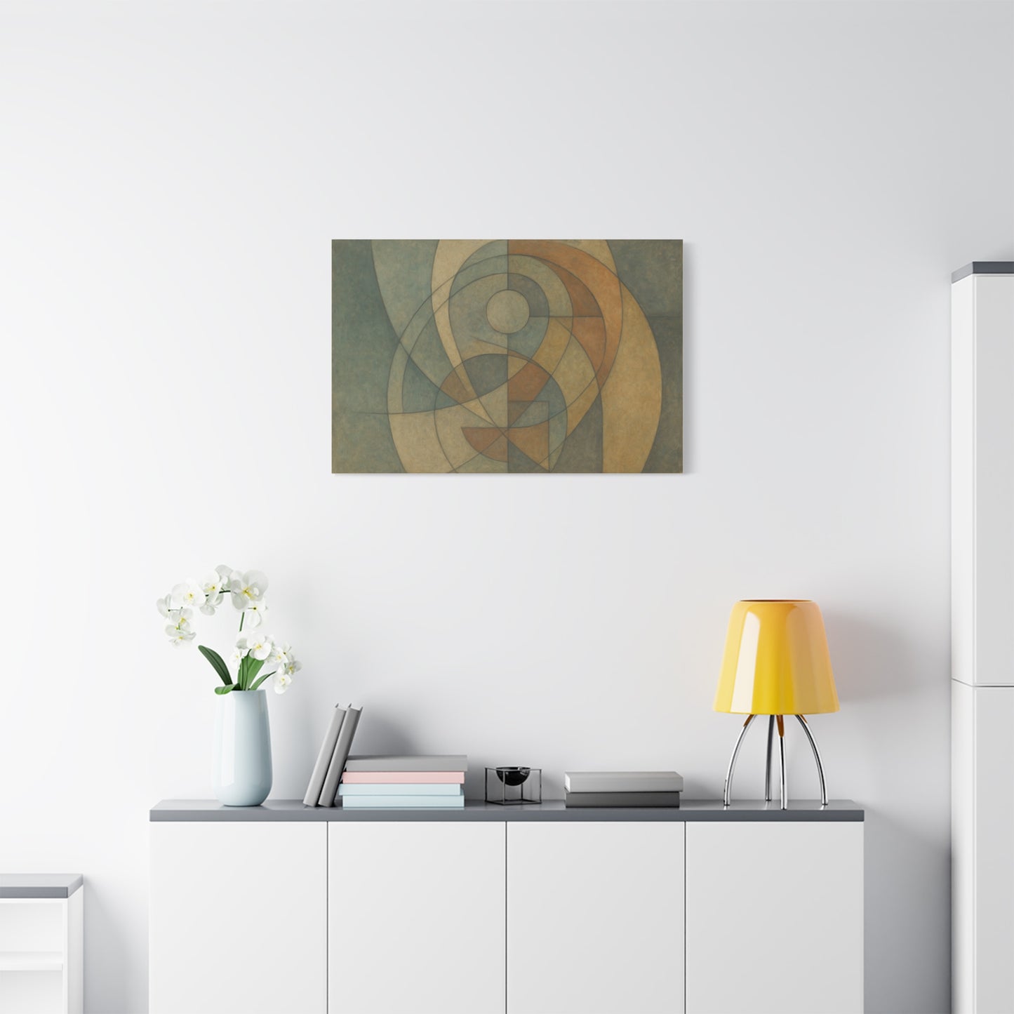 Abstract geometric circles on a matte canvas, modern wall art by Printify featuring bold shapes and vibrant colors.