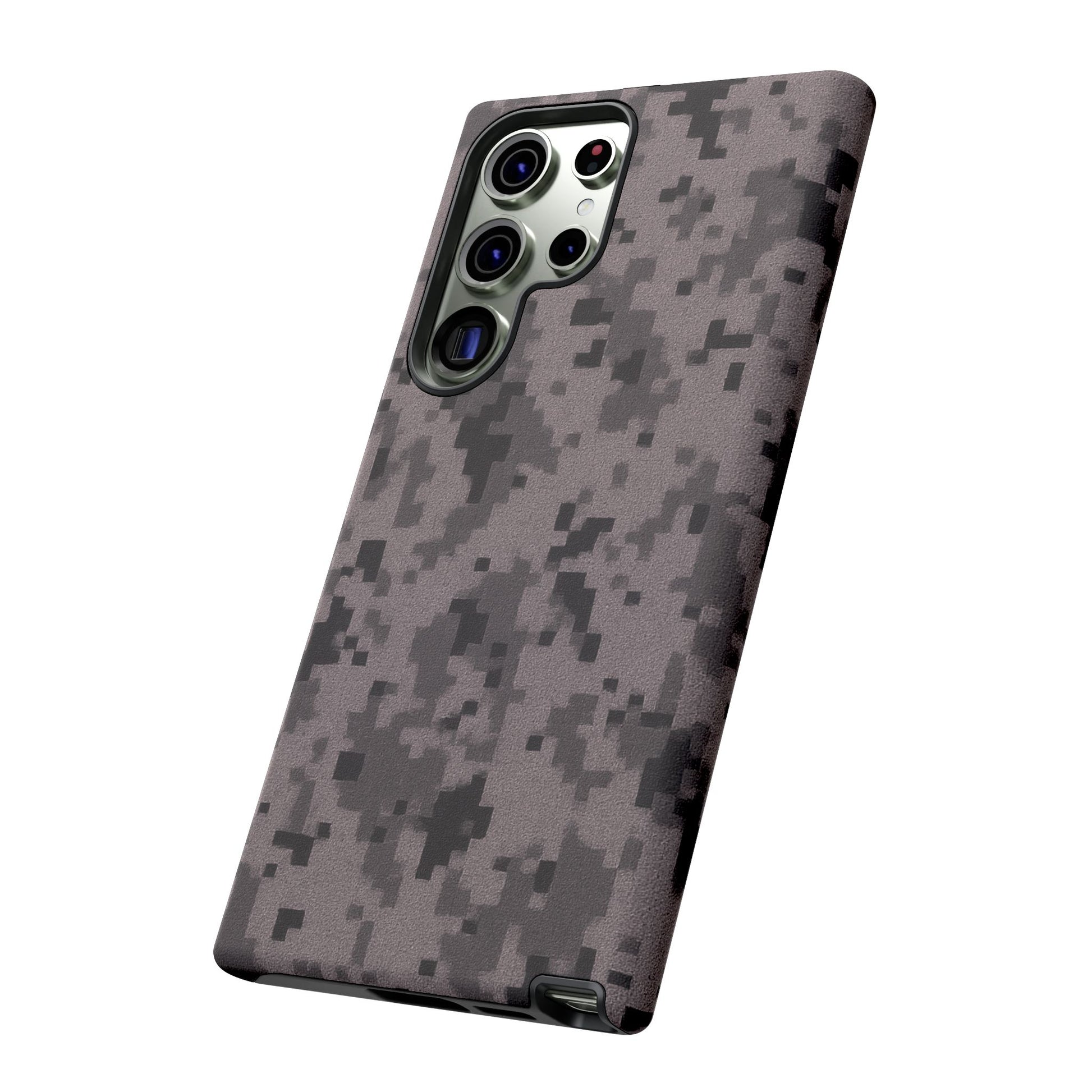 Gray digital camo phone case by Printify, tough protective cover for smartphones with a camouflage pattern.