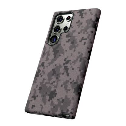 Gray digital camo phone case by Printify, tough protective cover for smartphones with a camouflage pattern.