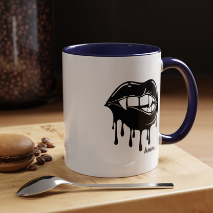 Black Dripping Lips Accent Coffee Mug with Bite graphic, 11oz or 15oz, featuring bold lips design on ceramic mug.