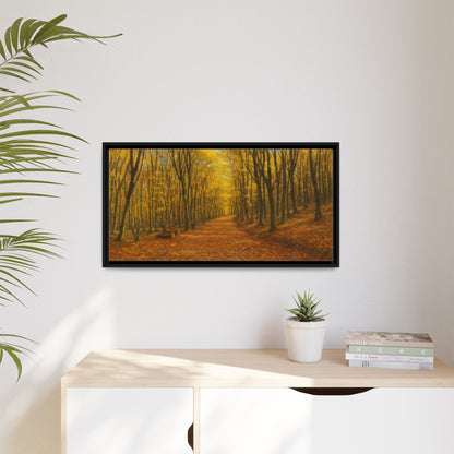 Autumn forest path matte canvas wall art by Printify, featuring a scenic forest trail with vibrant fall foliage.