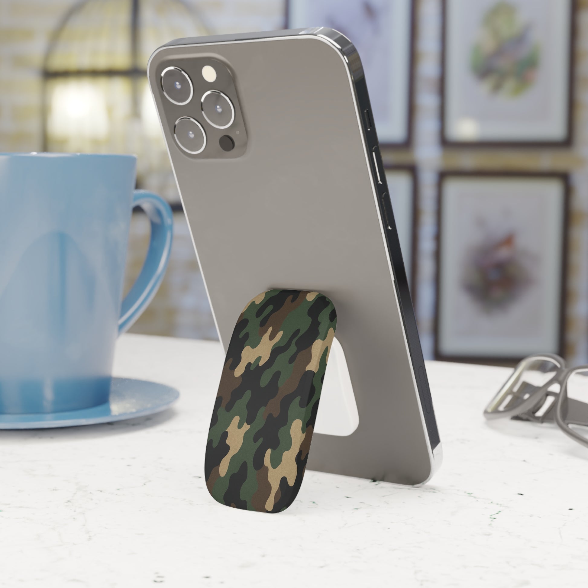 Military green camo phone grip with click-on stand and secure hold, accessory from Printify for easy phone handling and stability.