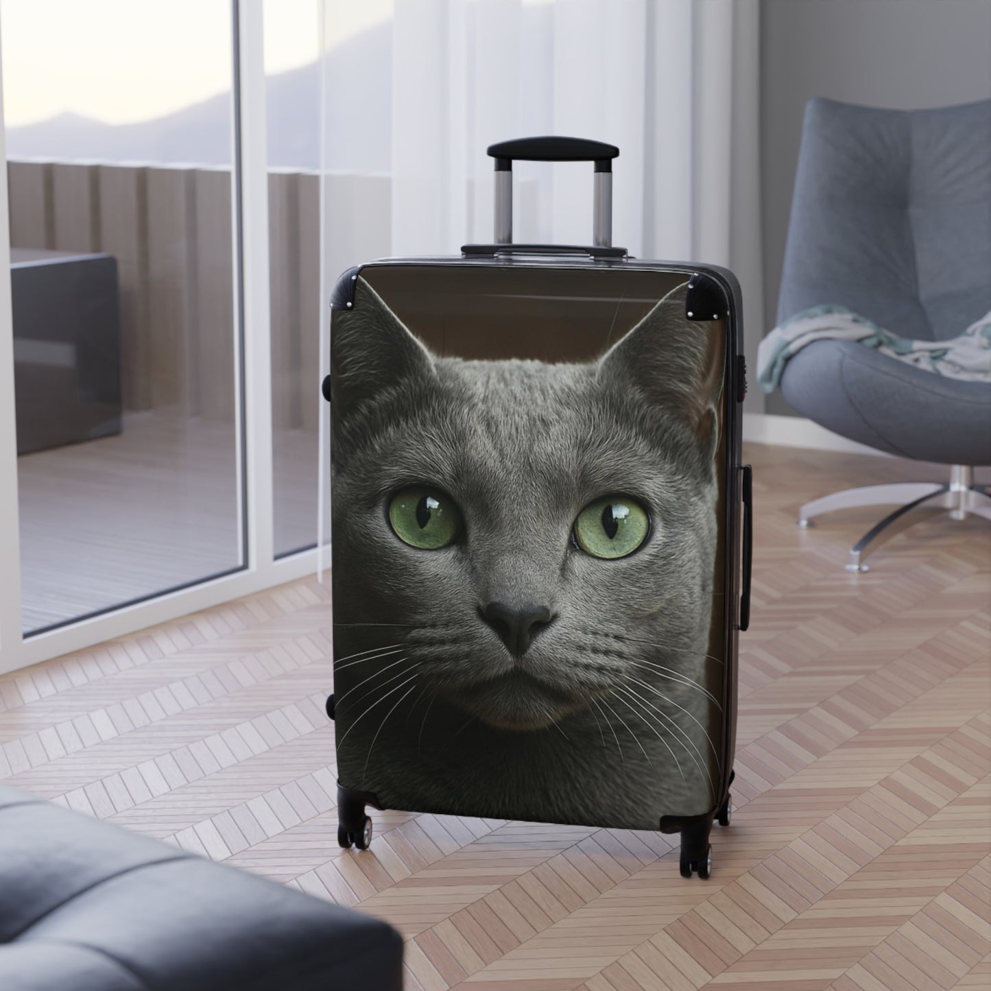 Green-Eyed Cat Carry-On Suitcase — Photo Realistic Cat Face Luggage