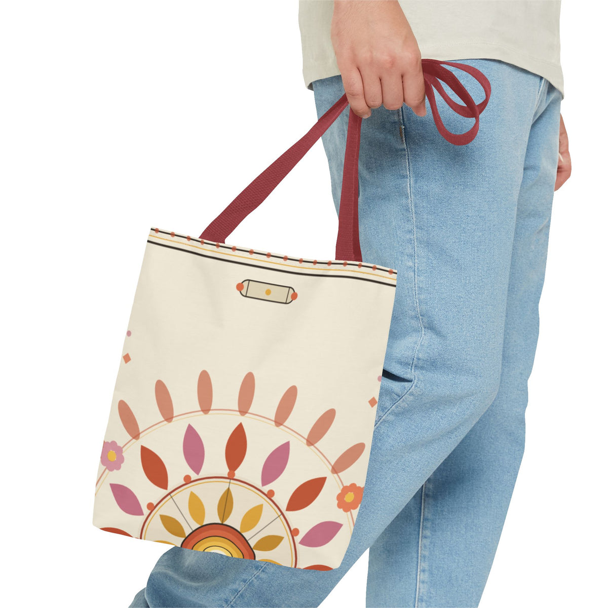 Boho floral mandala tote bag by Printify featuring pastel sunburst pattern and intricate floral and mandala designs.